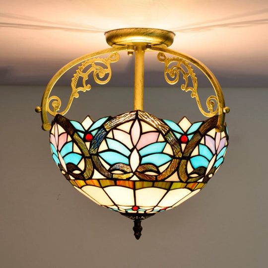 Mediterranean Petal Stained Glass Semi Flush Mount Ceiling Lamp, 2 Lights, Yellow/Brown/Blue - Ideal for Bedrooms