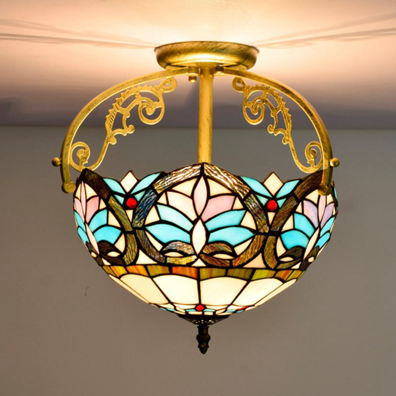 Mediterranean Petal Stained Glass Semi Flush Mount Ceiling Lamp 2 Lights Yellow/Brown/Blue - Ideal