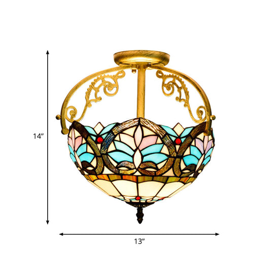 Mediterranean Petal Stained Glass Semi Flush Mount Ceiling Lamp, 2 Lights, Yellow/Brown/Blue - Ideal for Bedrooms