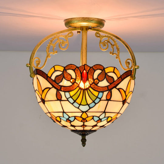 Mediterranean Petal Stained Glass Semi Flush Mount Ceiling Lamp, 2 Lights, Yellow/Brown/Blue - Ideal for Bedrooms