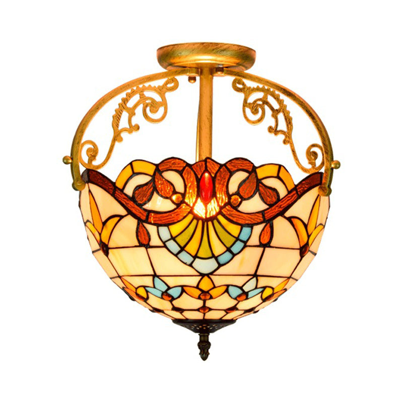 Mediterranean Petal Stained Glass Semi Flush Mount Ceiling Lamp, 2 Lights, Yellow/Brown/Blue - Ideal for Bedrooms