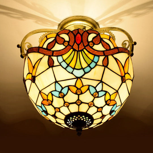 Mediterranean Petal Stained Glass Semi Flush Mount Ceiling Lamp, 2 Lights, Yellow/Brown/Blue - Ideal for Bedrooms