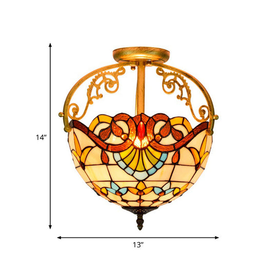 Mediterranean Petal Stained Glass Semi Flush Mount Ceiling Lamp 2 Lights Yellow/Brown/Blue - Ideal