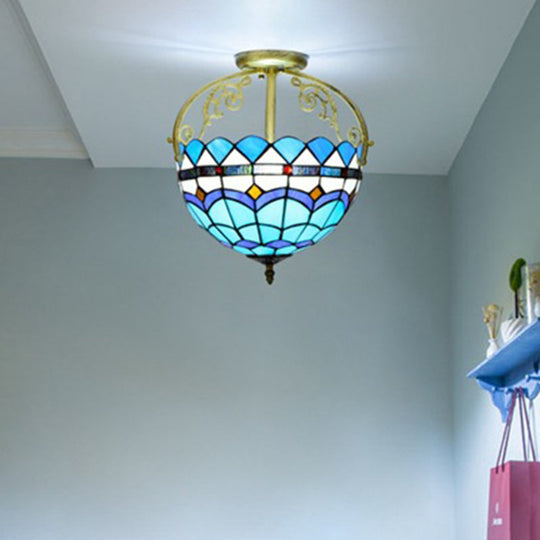 Mediterranean Petal Stained Glass Semi Flush Mount Ceiling Lamp, 2 Lights, Yellow/Brown/Blue - Ideal for Bedrooms