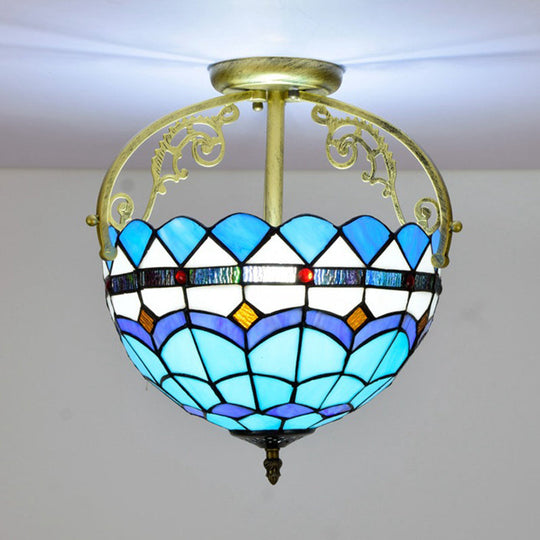 Mediterranean Petal Stained Glass Semi Flush Mount Ceiling Lamp, 2 Lights, Yellow/Brown/Blue - Ideal for Bedrooms