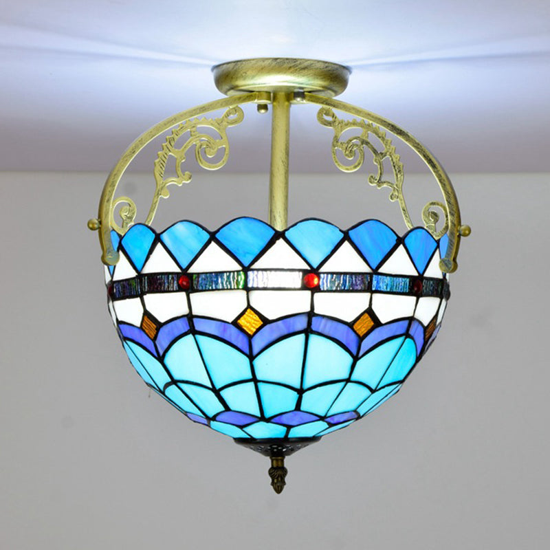 Mediterranean Petal Stained Glass Semi Flush Mount Ceiling Lamp 2 Lights Yellow/Brown/Blue - Ideal