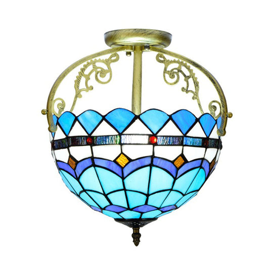 Mediterranean Petal Stained Glass Semi Flush Mount Ceiling Lamp, 2 Lights, Yellow/Brown/Blue - Ideal for Bedrooms