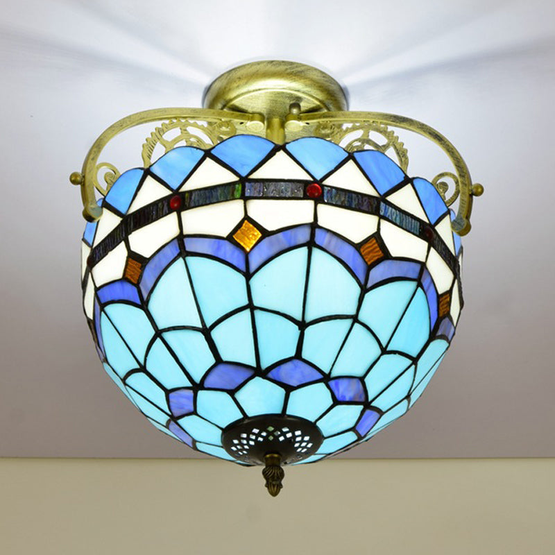 Mediterranean Petal Stained Glass Semi Flush Mount Ceiling Lamp, 2 Lights, Yellow/Brown/Blue - Ideal for Bedrooms