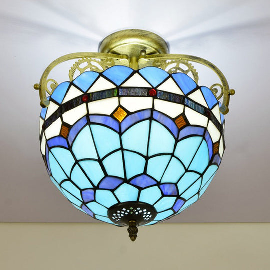 Mediterranean Petal Stained Glass Semi Flush Mount Ceiling Lamp 2 Lights Yellow/Brown/Blue - Ideal