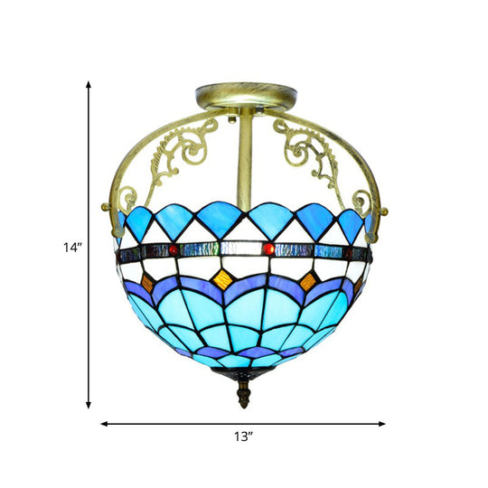 Mediterranean Petal Stained Glass Semi Flush Mount Ceiling Lamp, 2 Lights, Yellow/Brown/Blue - Ideal for Bedrooms