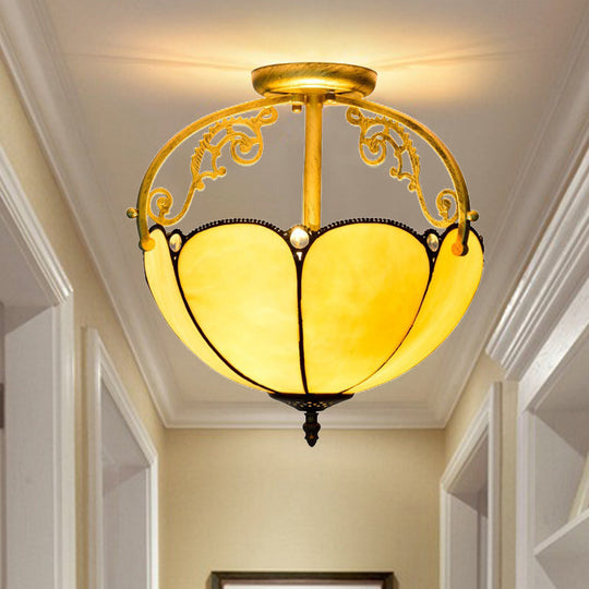 Yellow Tiffany Cut Glass Blossom Ceiling Semi Flush Light Fixture with 2 Lights for Corridor