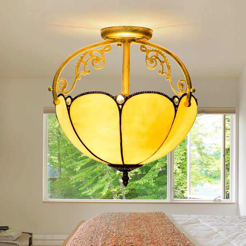 Yellow Tiffany Cut Glass Blossom Ceiling Semi Flush Light Fixture with 2 Lights for Corridor