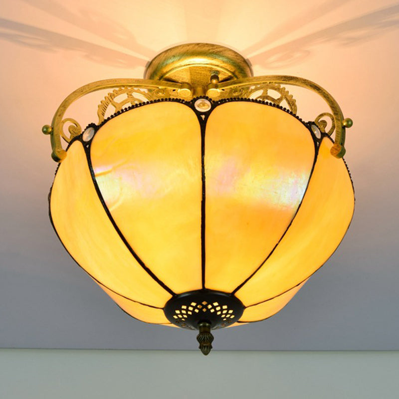 Yellow Tiffany Cut Glass Blossom Ceiling Semi Flush Light Fixture with 2 Lights for Corridor