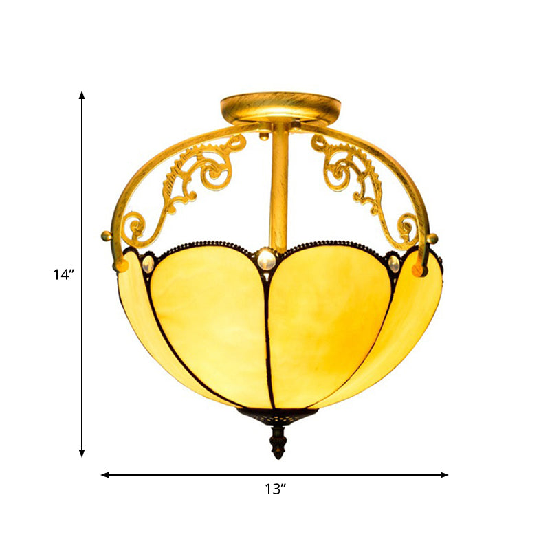 Yellow Tiffany Cut Glass Blossom Ceiling Semi Flush Light Fixture with 2 Lights for Corridor