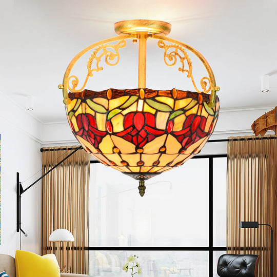 Mediterranean Petal Semi-Mount Ceiling Lamp - Yellow Stained Art Glass, 2 Lights