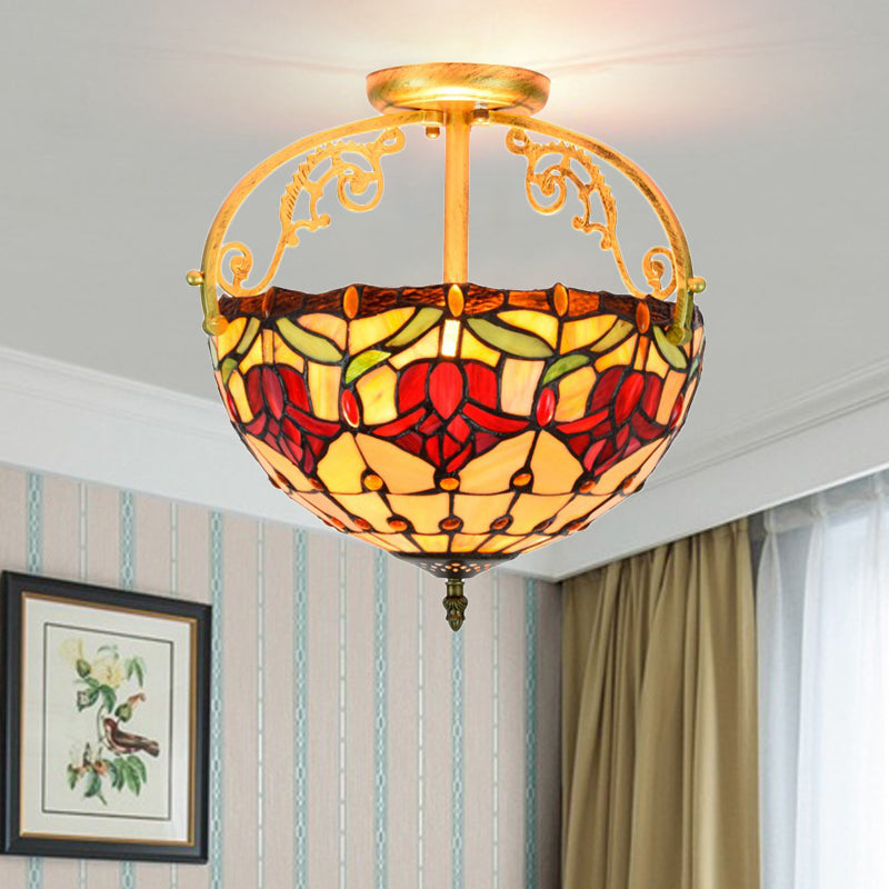 Mediterranean Petal Semi-Mount Ceiling Lamp - Yellow Stained Art Glass, 2 Lights