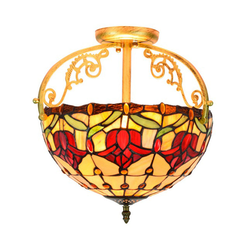 Mediterranean Petal Semi-Mount Ceiling Lamp - Yellow Stained Art Glass, 2 Lights