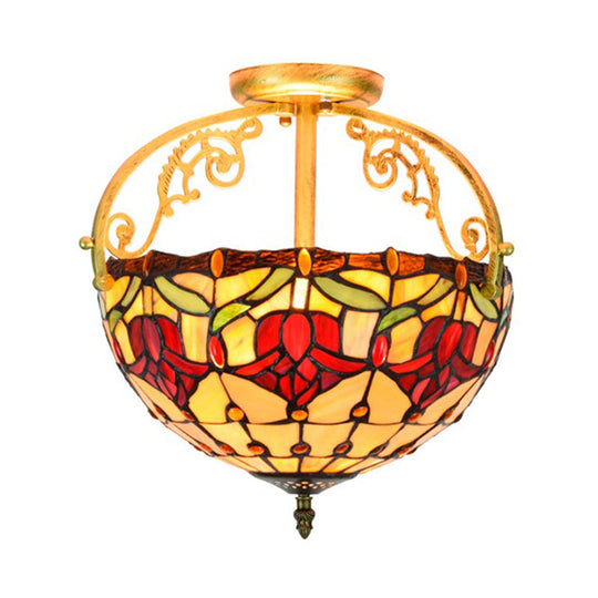 Mediterranean Petal Semi-Mount Ceiling Lamp - Yellow Stained Art Glass, 2 Lights