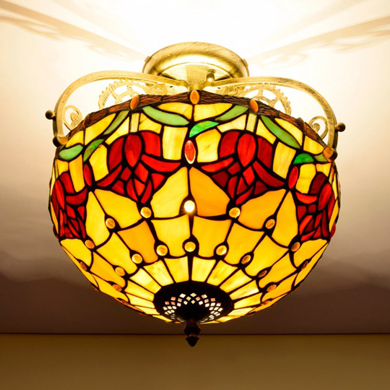 Yellow Art Glass Ceiling Lamp With 2 Lights And Mediterranean Petal Design