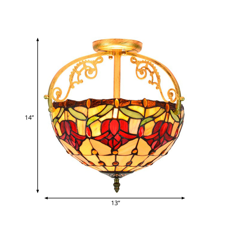 Mediterranean Petal Semi-Mount Ceiling Lamp - Yellow Stained Art Glass, 2 Lights