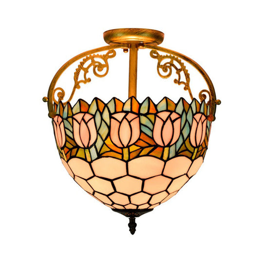 Semi-Flush Mount Tiffany Stained Glass Ceiling Light Fixture - Floral Design, 2 Lights, Beige - Ideal for Kitchen