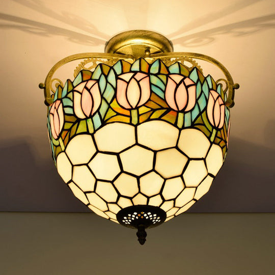 Floral Tiffany Stained Glass Ceiling Light Fixture - Semi-Flush Mount With 2 Lights- Beige Color For