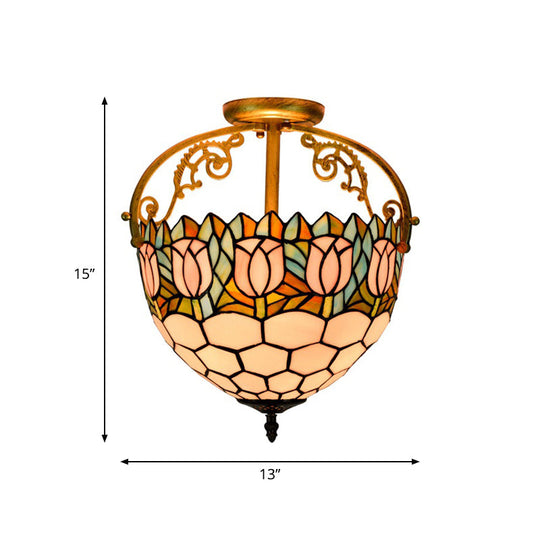 Semi-Flush Mount Tiffany Stained Glass Ceiling Light Fixture - Floral Design, 2 Lights, Beige - Ideal for Kitchen