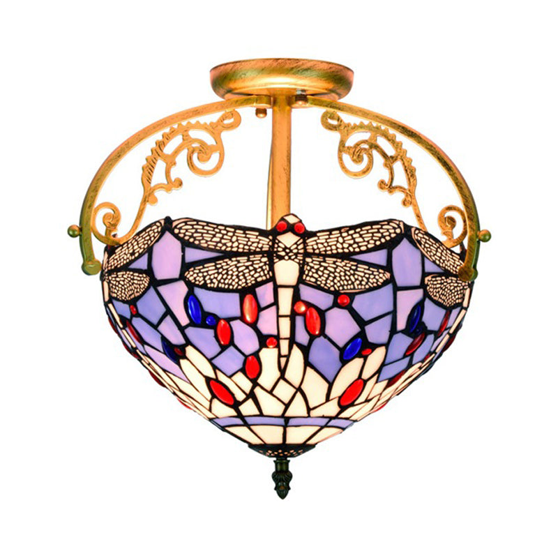 Mediterranean Beige/Red/Orange Dragonfly Semi-Flush Kitchen Ceiling Light with Glass Shade