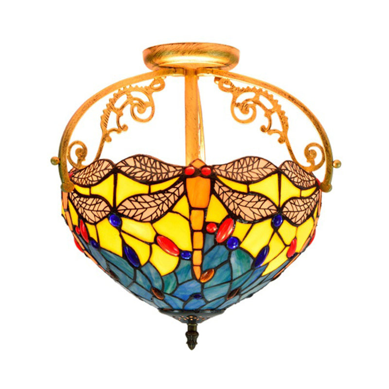 Mediterranean Beige/Red/Orange Dragonfly Semi-Flush Kitchen Ceiling Light with Glass Shade