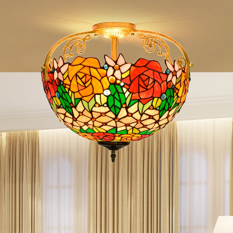 Mediterranean Semi-Flush Ceiling Light With Cut Glass Rose Design And 3 Beige/Pink/Orange Lights