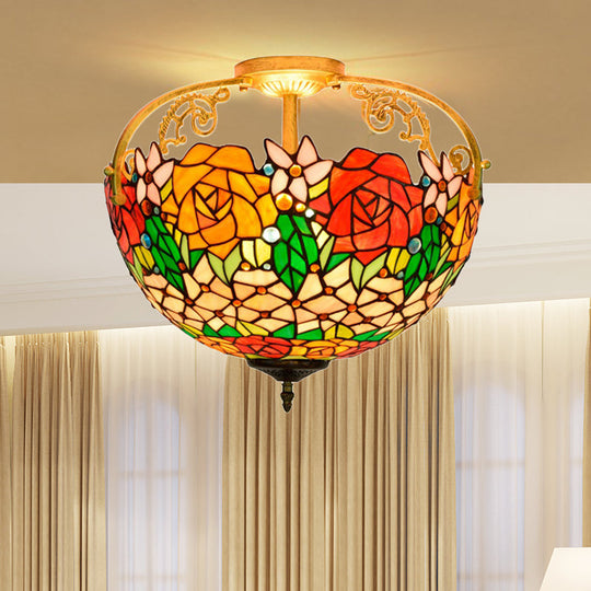 Mediterranean Semi-Flush Ceiling Light With Cut Glass Rose Design And 3 Beige/Pink/Orange Lights