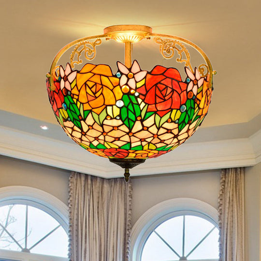 Mediterranean Semi-Flush Ceiling Light With Cut Glass Rose Design And 3 Beige/Pink/Orange Lights