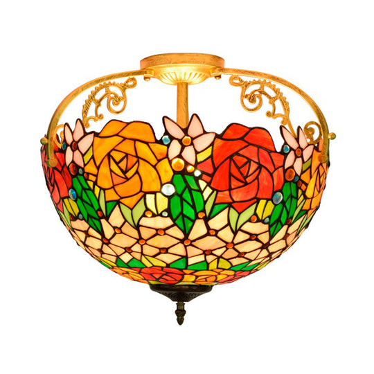 Mediterranean Semi-Flush Ceiling Light With Cut Glass Rose Design And 3 Beige/Pink/Orange Lights