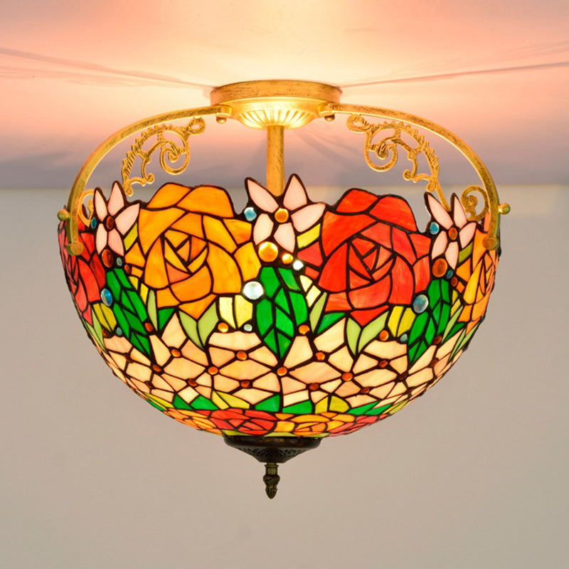 Mediterranean Semi-Flush Ceiling Light With Cut Glass Rose Design And 3 Beige/Pink/Orange Lights