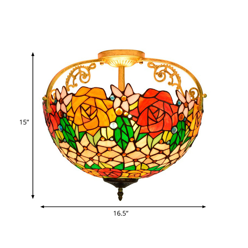 Mediterranean Semi-Flush Ceiling Light With Cut Glass Rose Design And 3 Beige/Pink/Orange Lights