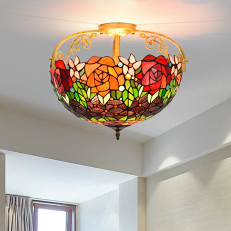 Mediterranean Semi-Flush Ceiling Light With Cut Glass Rose Design And 3 Beige/Pink/Orange Lights