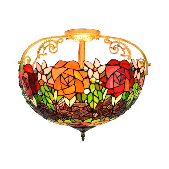 Mediterranean Semi-Flush Ceiling Light With Cut Glass Rose Design And 3 Beige/Pink/Orange Lights