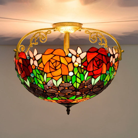 Mediterranean Semi-Flush Ceiling Light With Cut Glass Rose Design And 3 Beige/Pink/Orange Lights