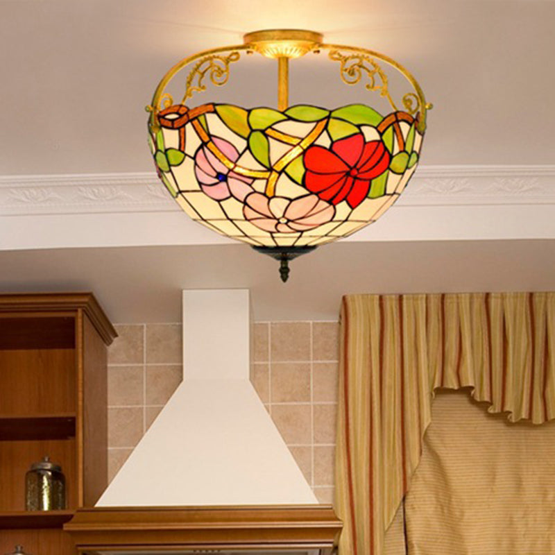 Mediterranean Semi-Flush Ceiling Light With Cut Glass Rose Design And 3 Beige/Pink/Orange Lights