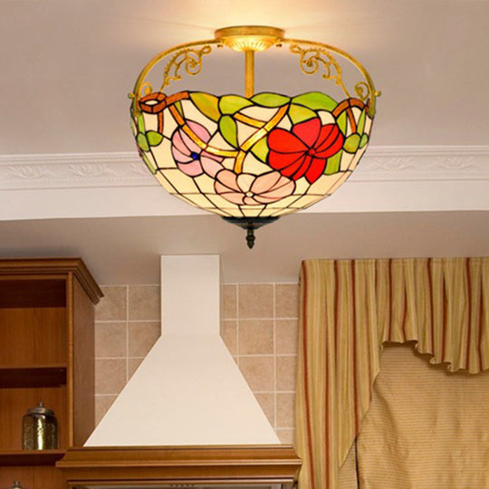 Mediterranean Semi-Flush Ceiling Light With Cut Glass Rose Design And 3 Beige/Pink/Orange Lights