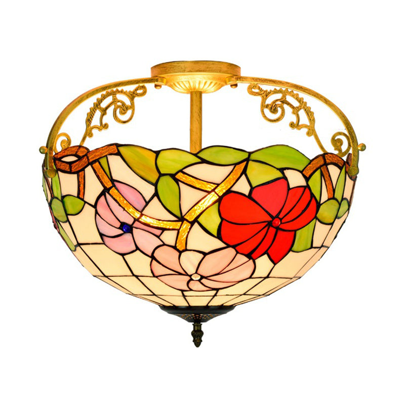 Mediterranean Semi-Flush Ceiling Light With Cut Glass Rose Design And 3 Beige/Pink/Orange Lights