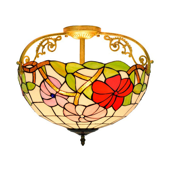 Mediterranean Semi-Flush Ceiling Light With Cut Glass Rose Design And 3 Beige/Pink/Orange Lights