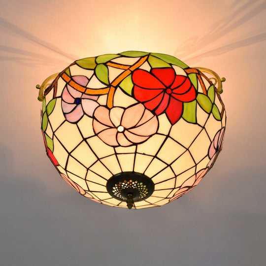 Elegant Mediterranean Cut Glass Rose Semi Flush Lighting - 3-Light Beige/Pink/Orange Ceiling Fixture