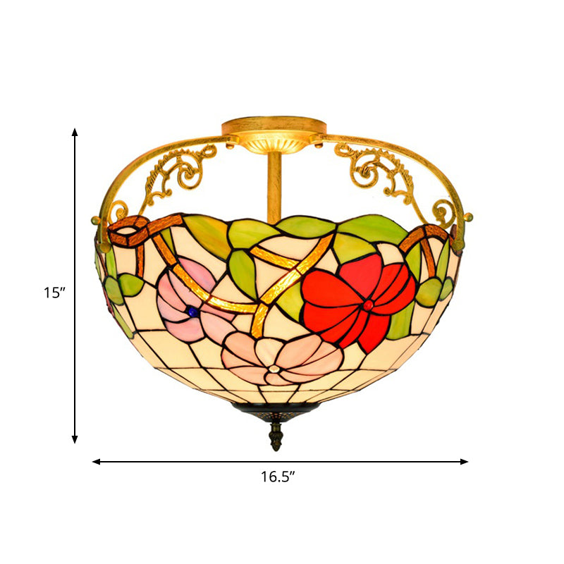 Mediterranean Semi-Flush Ceiling Light With Cut Glass Rose Design And 3 Beige/Pink/Orange Lights