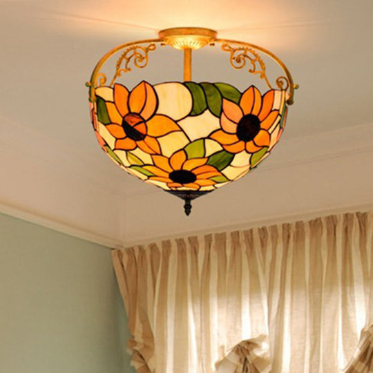 Mediterranean Semi-Flush Ceiling Light With Cut Glass Rose Design And 3 Beige/Pink/Orange Lights