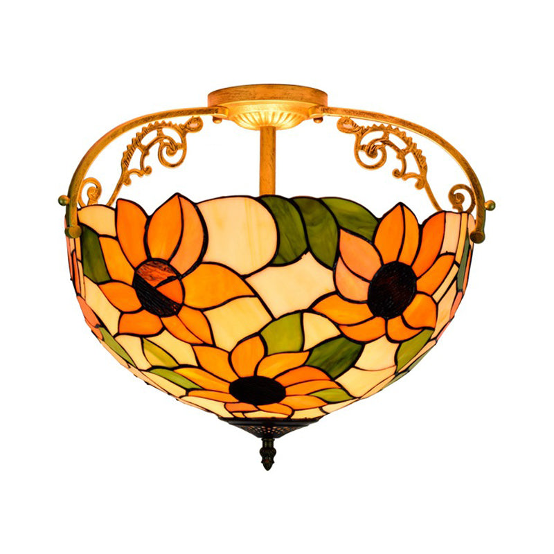 Mediterranean Semi-Flush Ceiling Light With Cut Glass Rose Design And 3 Beige/Pink/Orange Lights