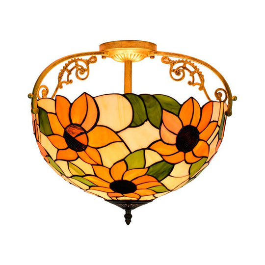 Mediterranean Semi-Flush Ceiling Light With Cut Glass Rose Design And 3 Beige/Pink/Orange Lights