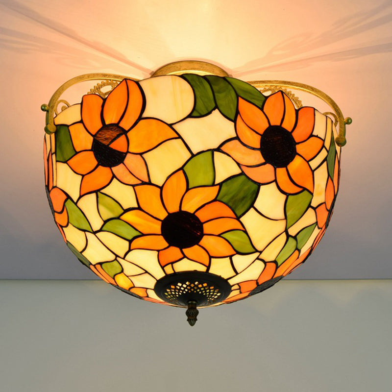 Mediterranean Semi-Flush Ceiling Light With Cut Glass Rose Design And 3 Beige/Pink/Orange Lights