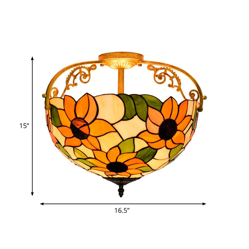 Mediterranean Semi-Flush Ceiling Light With Cut Glass Rose Design And 3 Beige/Pink/Orange Lights