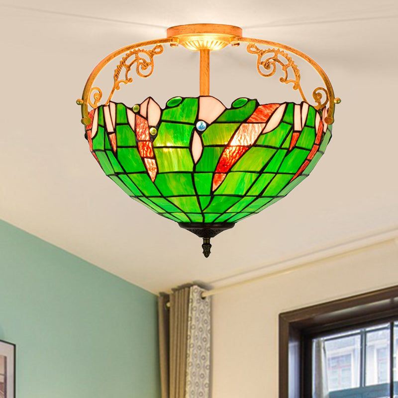 Tiffany Stained Glass Semi Flush Mount Ceiling Lamp - Green Bowl Design With 3 Lights For Bedroom